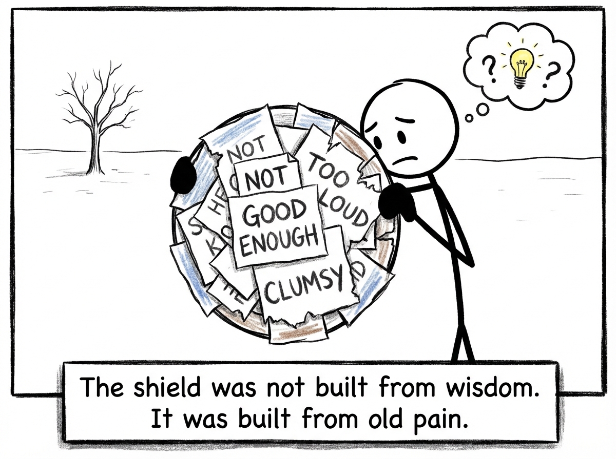 A stick figure examining the shield they carry, noticing it was built from old criticisms and childhood comments, not from truth
