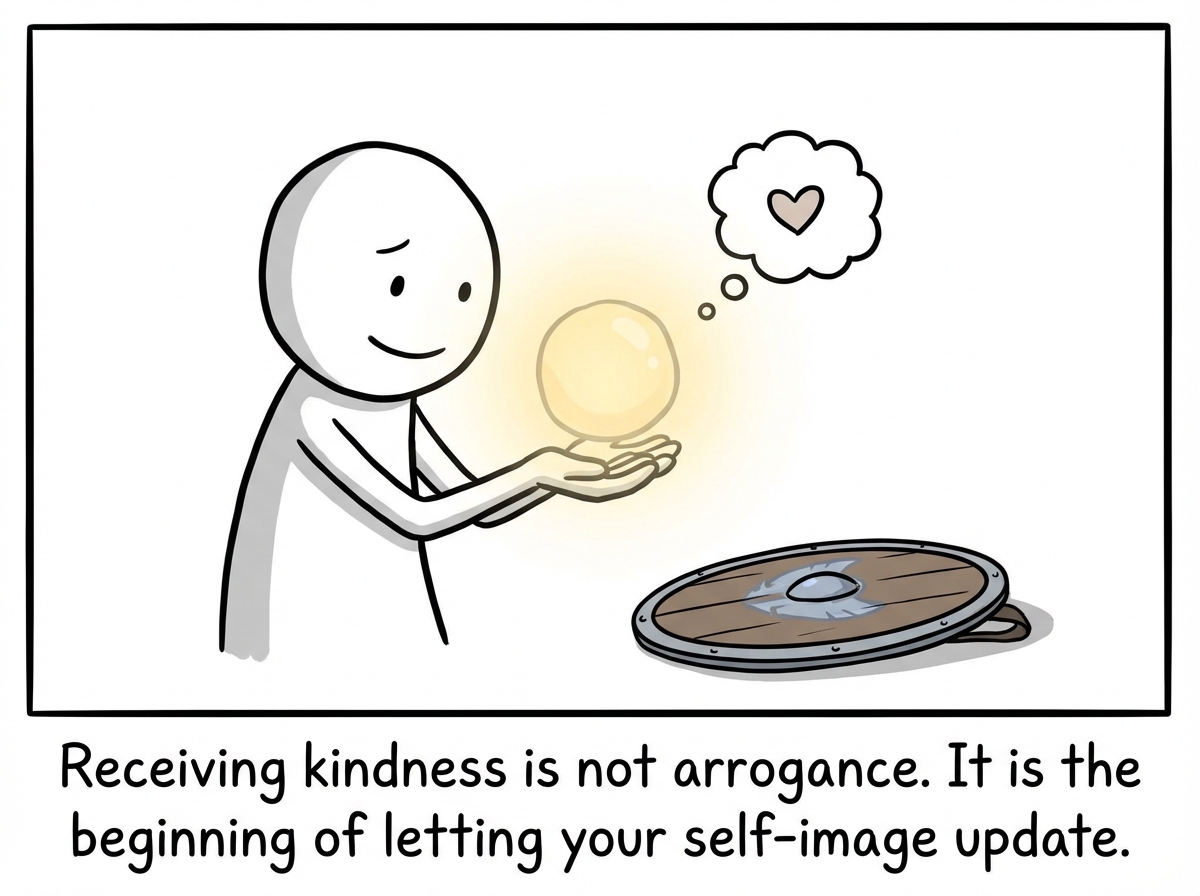 A stick figure receiving a compliment and letting it rest in their hands, smiling slightly. The shield is on the ground nearby, not gone but no longer raised