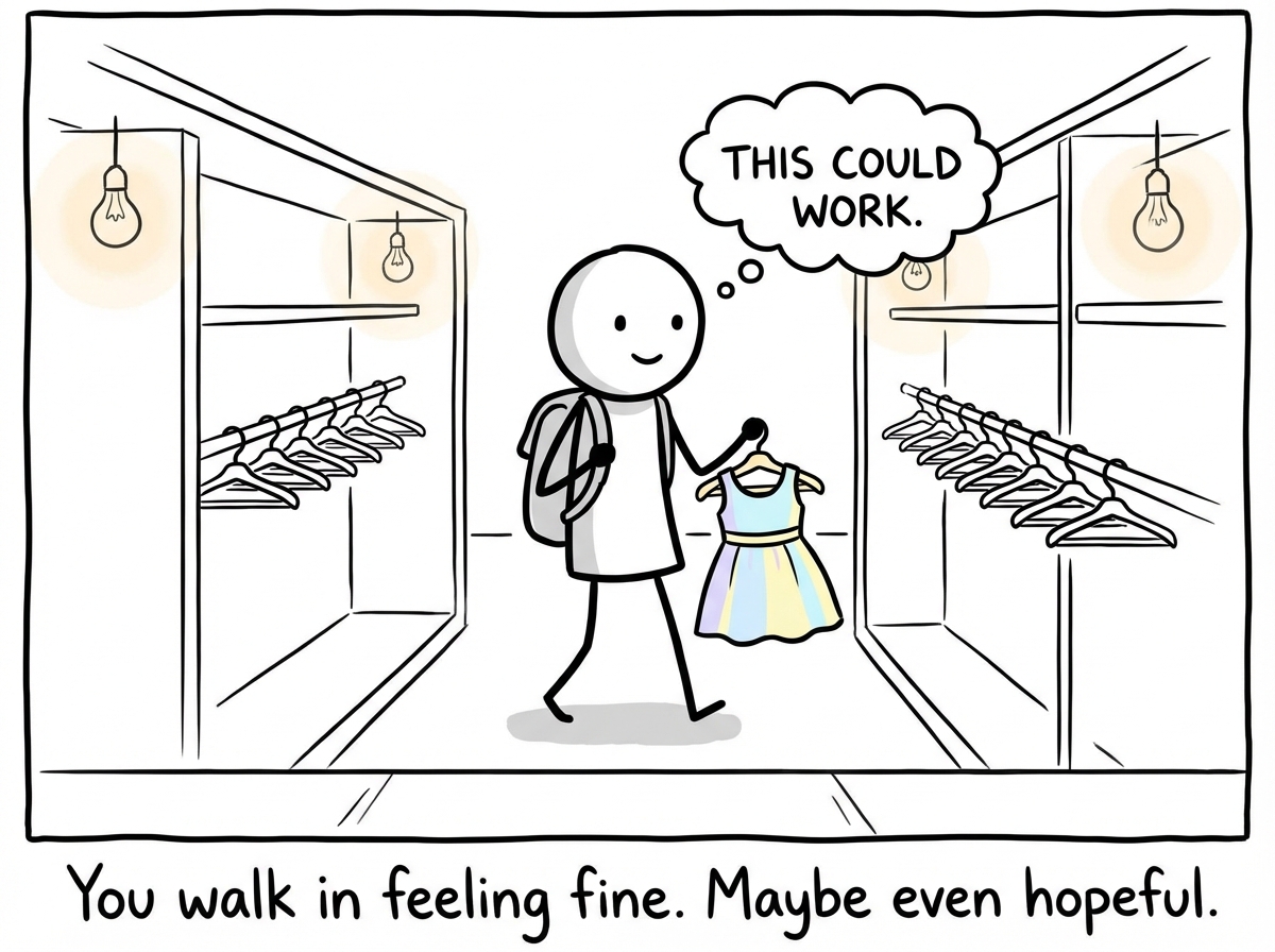 A stick figure walking through a clothing store with a relaxed expression, holding a cute outfit on a hanger, thinking 'This could work.' Soft, pleasant store lighting surrounds them