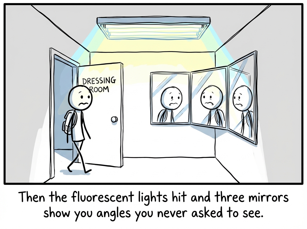 The stick figure steps into a dressing room. The lighting shifts to harsh fluorescent. Three mirrors surround them from angles they have never seen before. Their expression starts to change