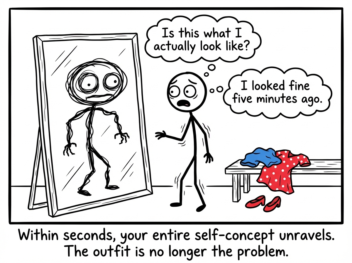 The stick figure stares at their reflection in horror. The mirror shows an exaggerated, distorted version of them. Thought bubbles say 'Is this what I actually look like?' and 'I looked fine five minutes ago.' The cute outfit lies crumpled on the bench