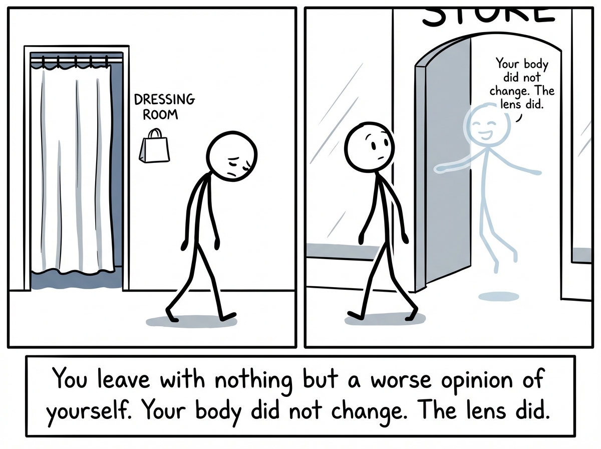 The stick figure leaves the dressing room empty-handed, head down, passing the store entrance where a ghost of their earlier happy self still lingers. A small text reads 'Your body did not change. The lens did.'