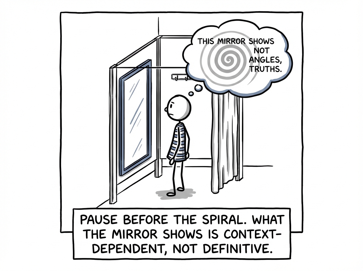 A stick figure pausing before the dressing room mirror, taking a deep breath, and saying 'This mirror shows angles, not truths'