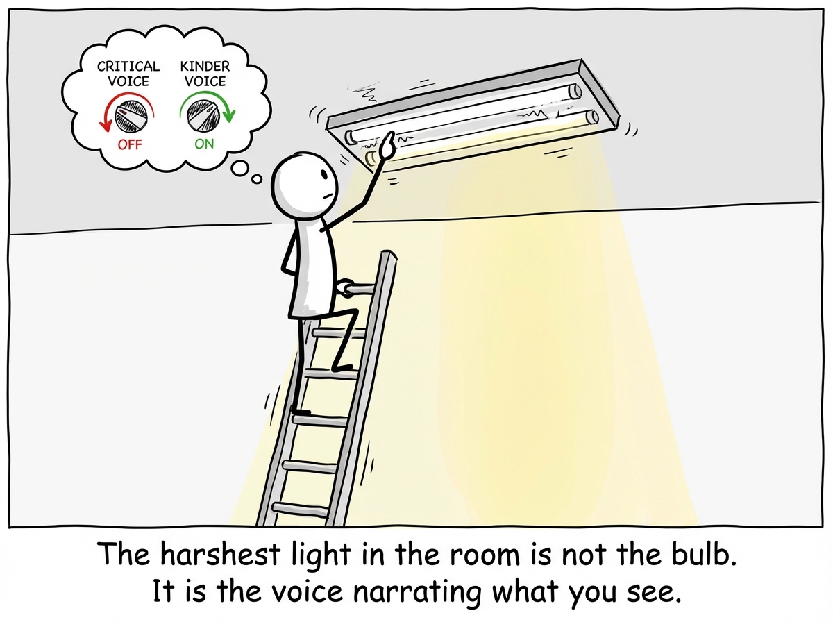 A stick figure adjusting the harsh fluorescent light metaphorically -- dimming the old critical voice and turning up a kinder one