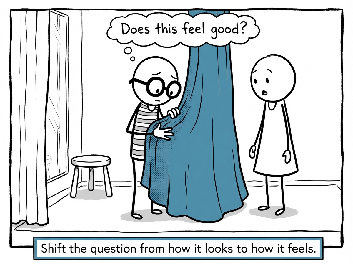 A stick figure asking 'Does this feel good?' instead of 'Does this look good?' while trying on clothes, hands on fabric rather than eyes on mirror