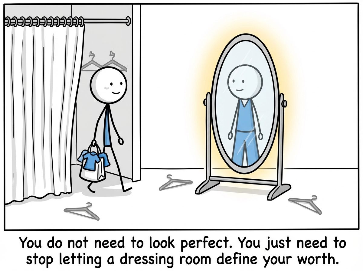 A stick figure leaving the dressing room with the outfit, smiling slightly, having chosen comfort over perfection. The mirror reflection is calm and undistorted