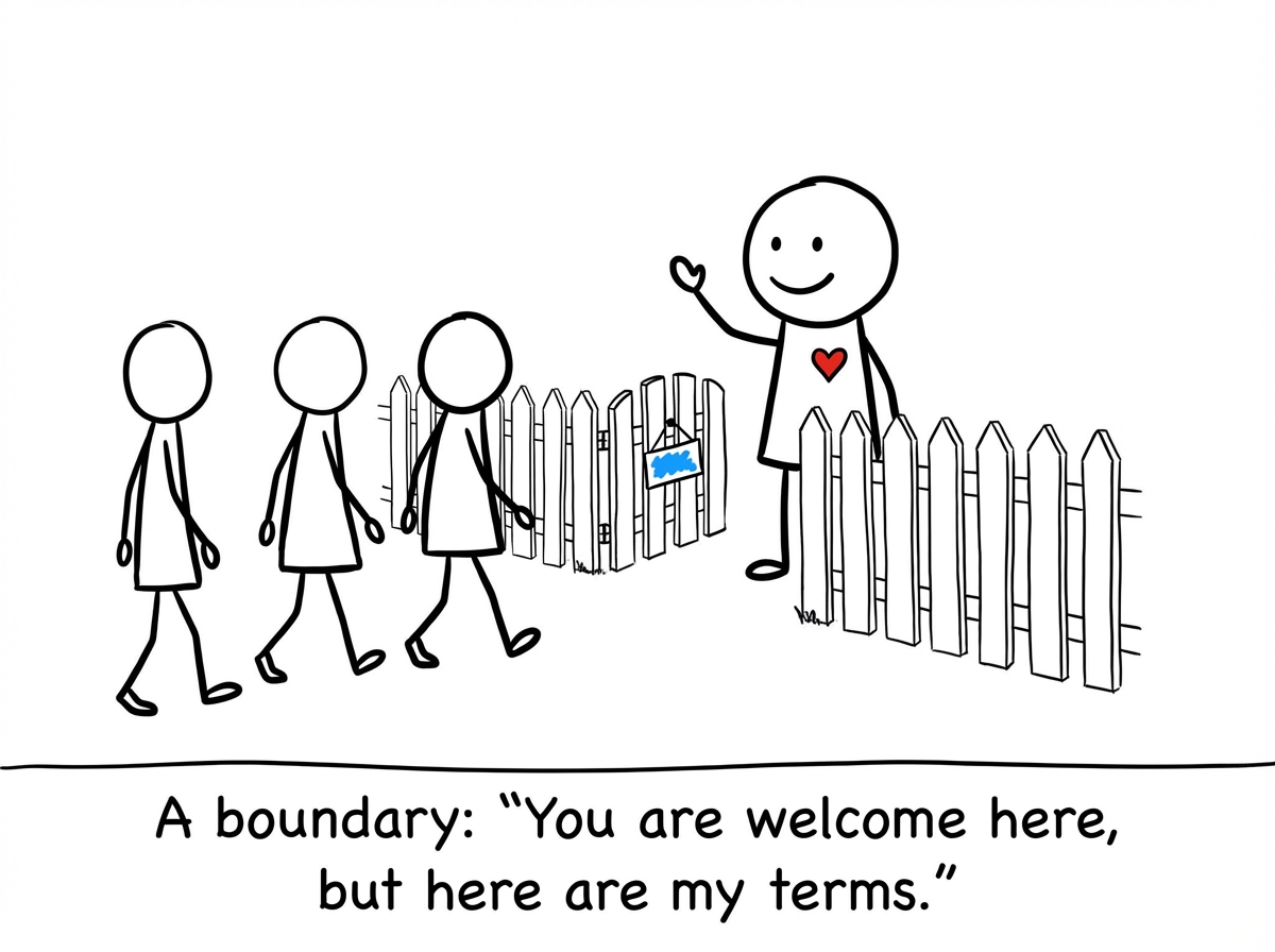A stick figure standing behind a small white picket fence with a gate, smiling and waving at people who approach