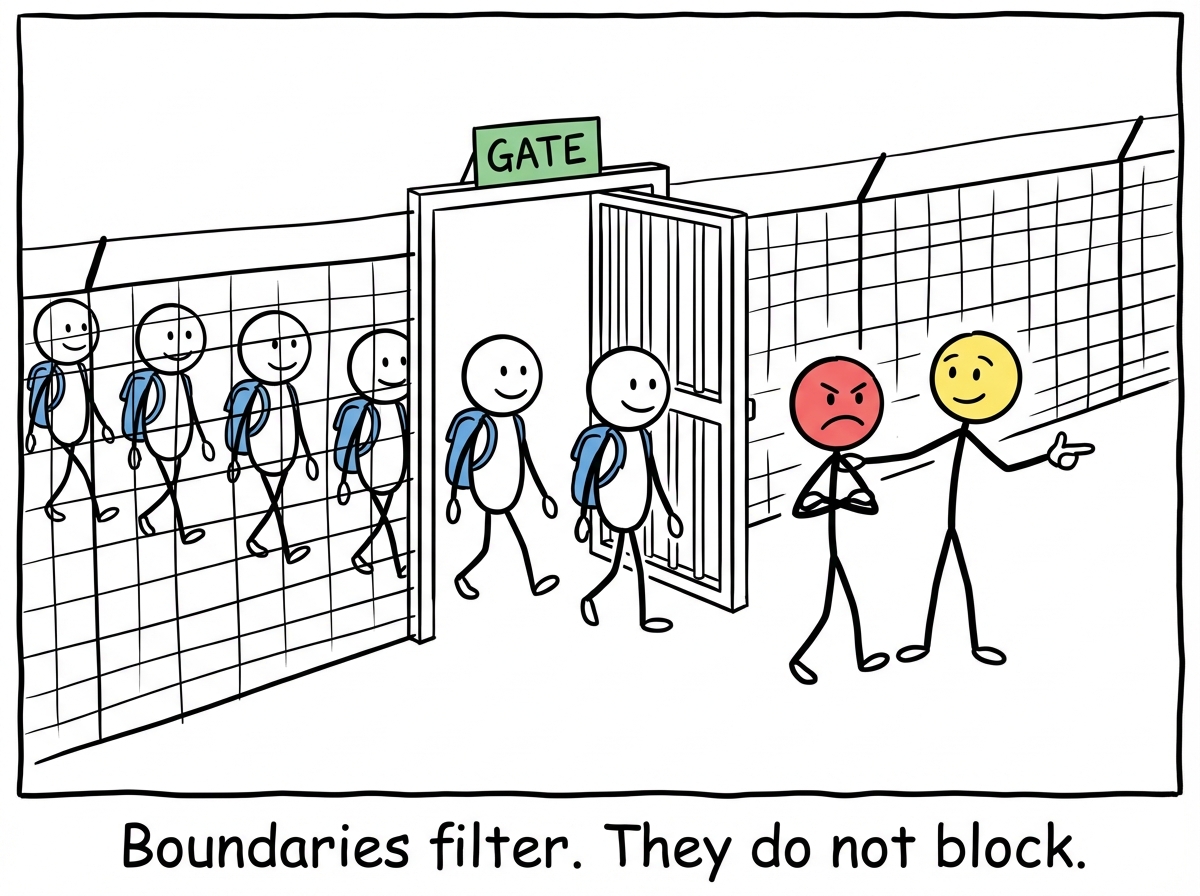 People walking through the gate of the fence, while one person who is being rude is politely redirected away