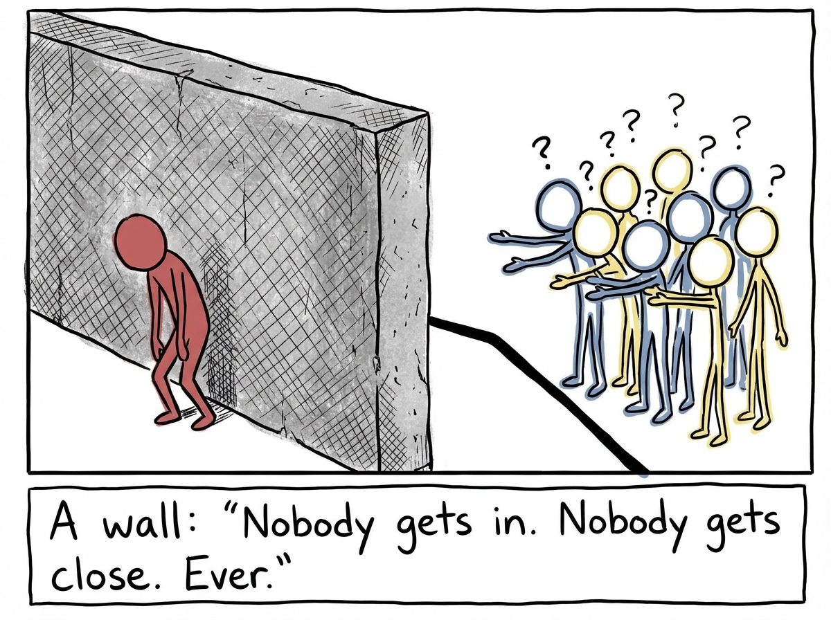 A different stick figure crouched behind a massive concrete wall, alone, with people on the other side looking confused and unable to reach them