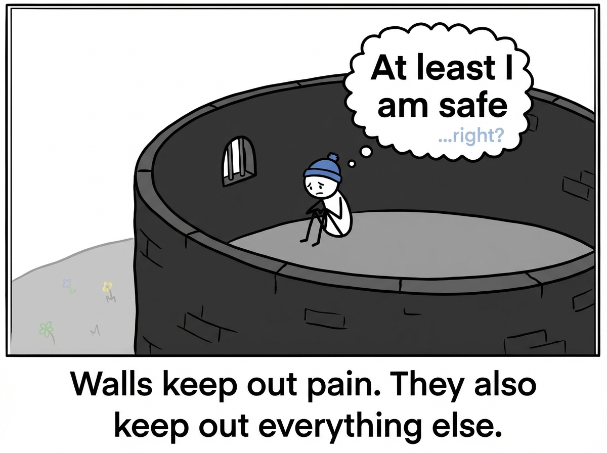 The walled-off stick figure sitting alone inside the fortress looking lonely, with a thought bubble reading 'At least I am safe' while a small part of the thought says '...right?'