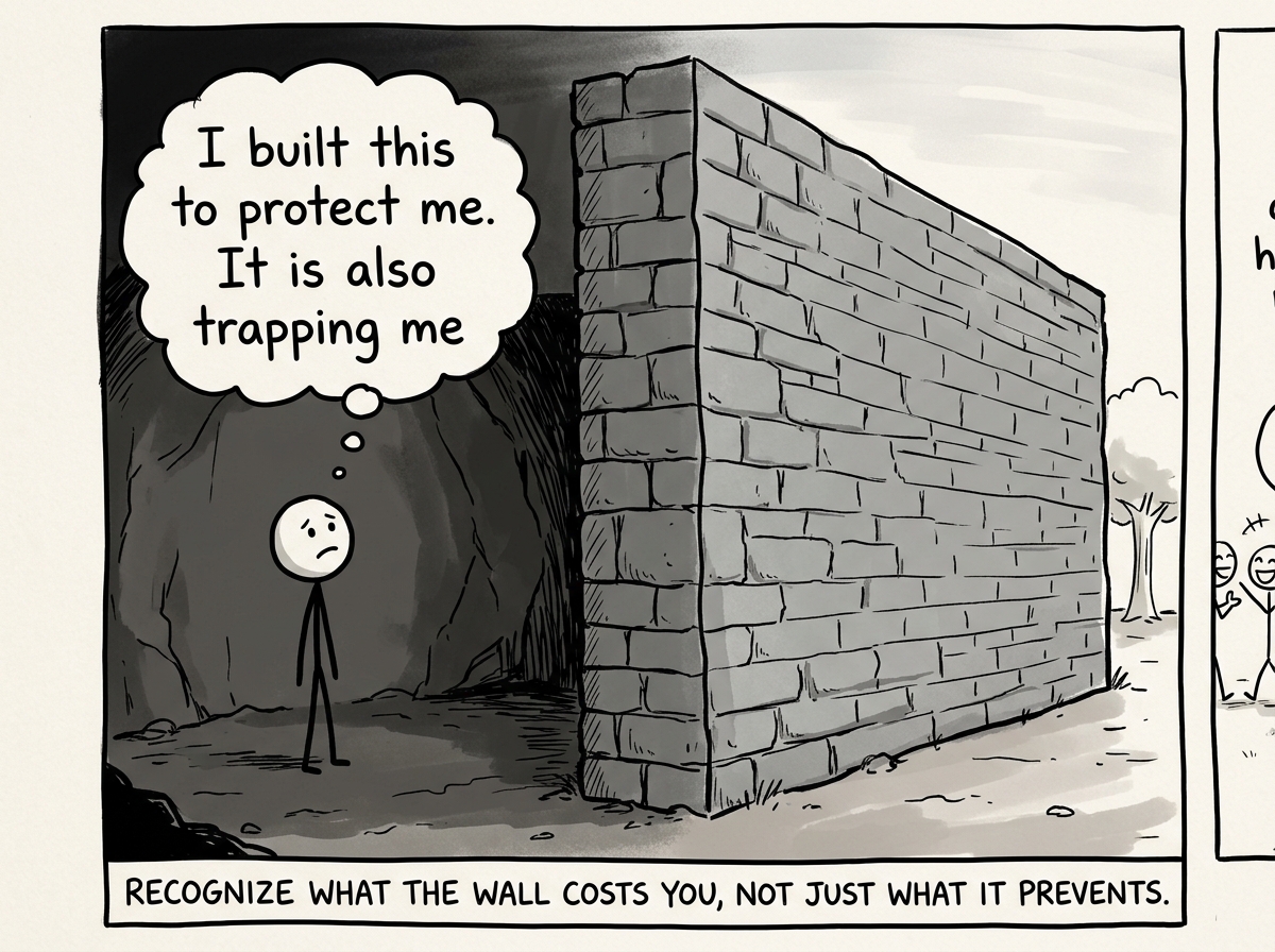 A stick figure behind a massive wall, noticing that they feel safe but profoundly lonely, with a thought bubble: 'I built this to protect me. It is also trapping me'