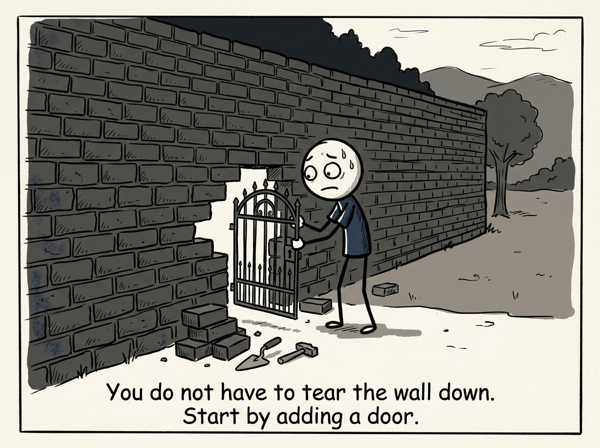 The figure carefully removing one brick from the wall and replacing it with a gate, looking nervous but deliberate