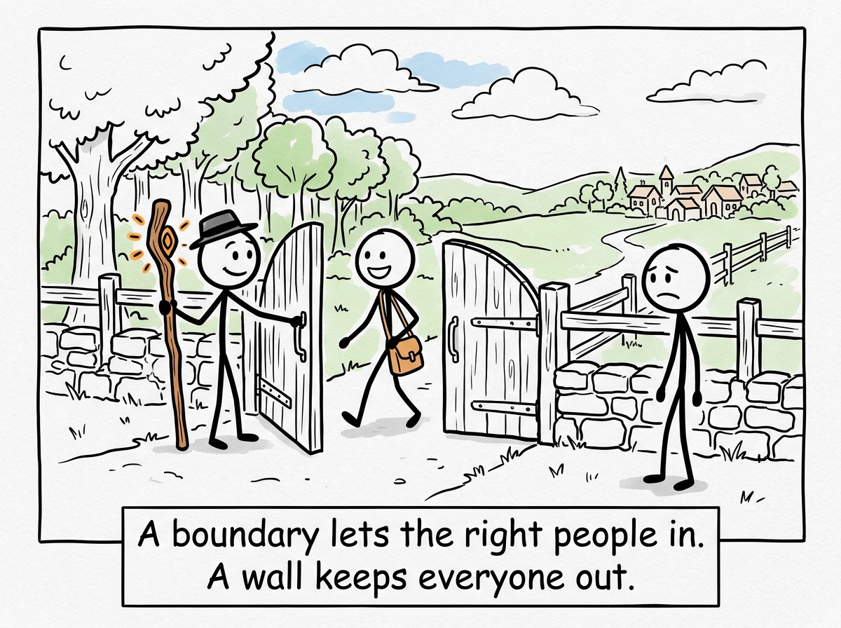 The figure standing at the gate, letting one trusted person through while keeping the gate ready to close if needed