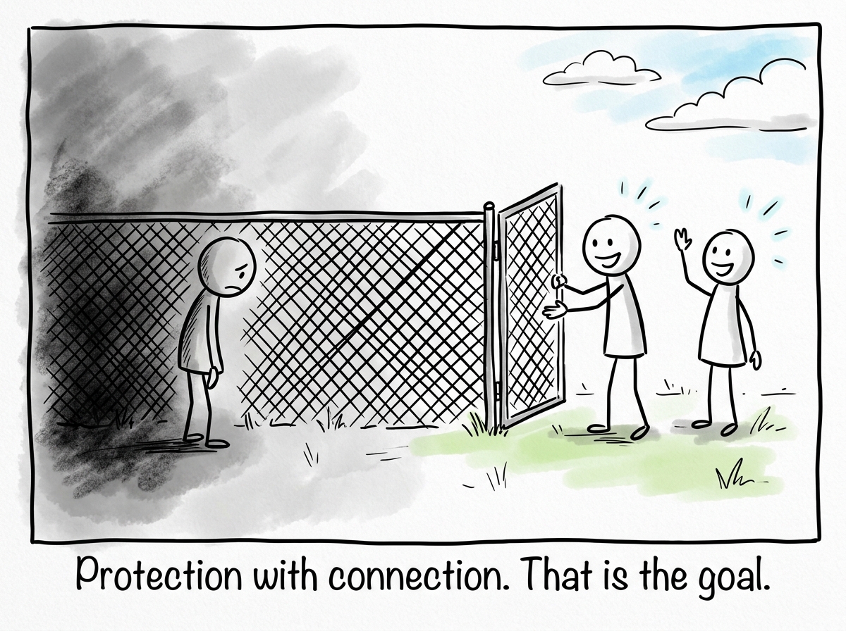 The figure behind a fence with a gate, connected to people on the other side, looking lighter and more alive than behind the wall