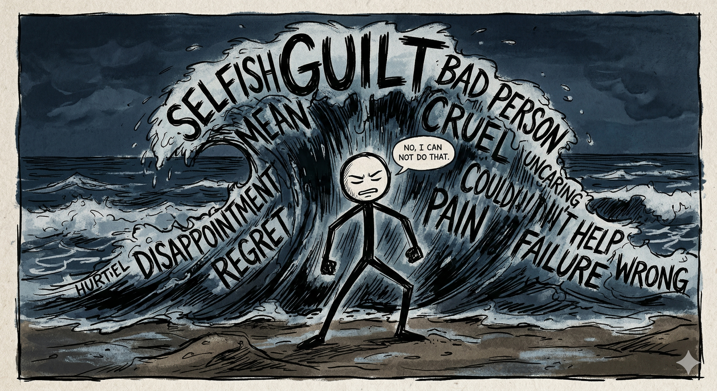 A stick figure with a firm posture saying 'No, I can not do that' while a massive wave of guilt, labeled with words like 'selfish,' 'mean,' and 'bad person,' crashes over them from behind
