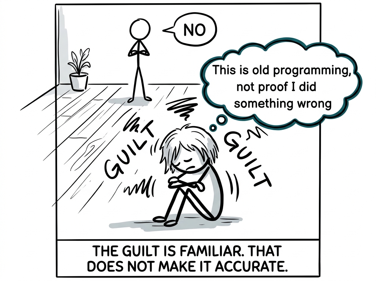 A stick figure feeling crushing guilt after saying no, recognizing it with a label: 'This is old programming, not proof I did something wrong'