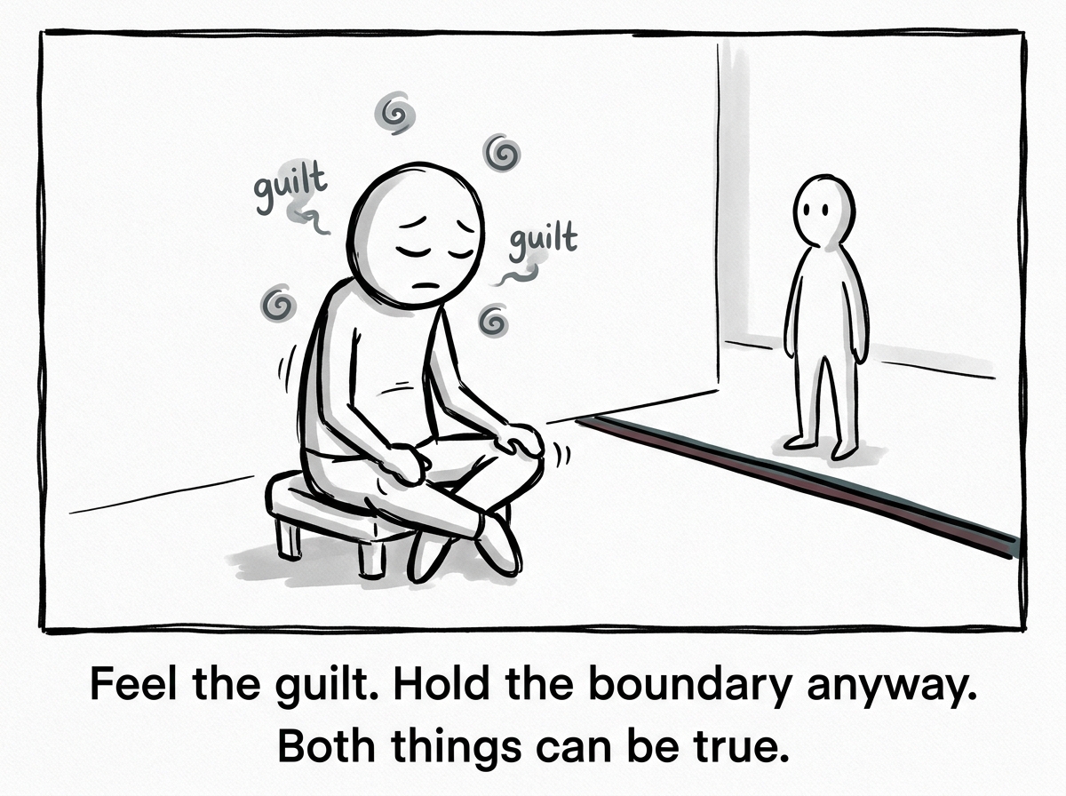 The figure sitting with the guilt instead of retracting the boundary, hands on knees, breathing through the discomfort
