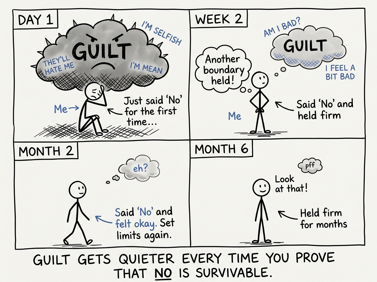 Time passing -- the guilt cloud shrinking smaller with each boundary the figure sets and holds