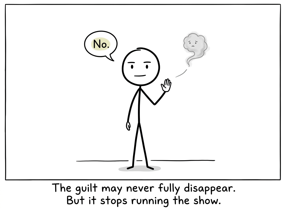 The figure saying no with ease, a tiny wisp of guilt still present but no longer in control, standing tall