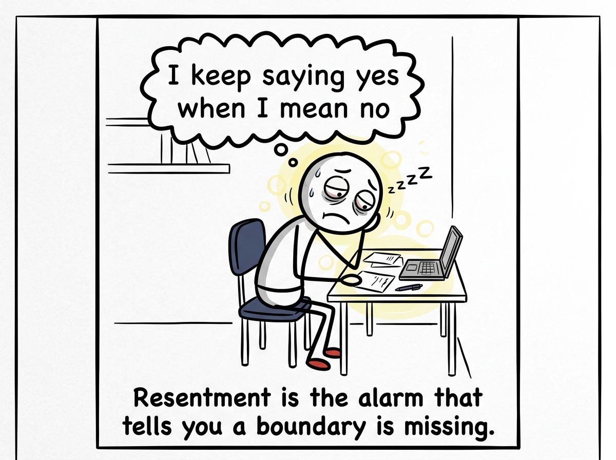 A stick figure noticing they feel resentful and exhausted, with a thought bubble reading 'I keep saying yes when I mean no'