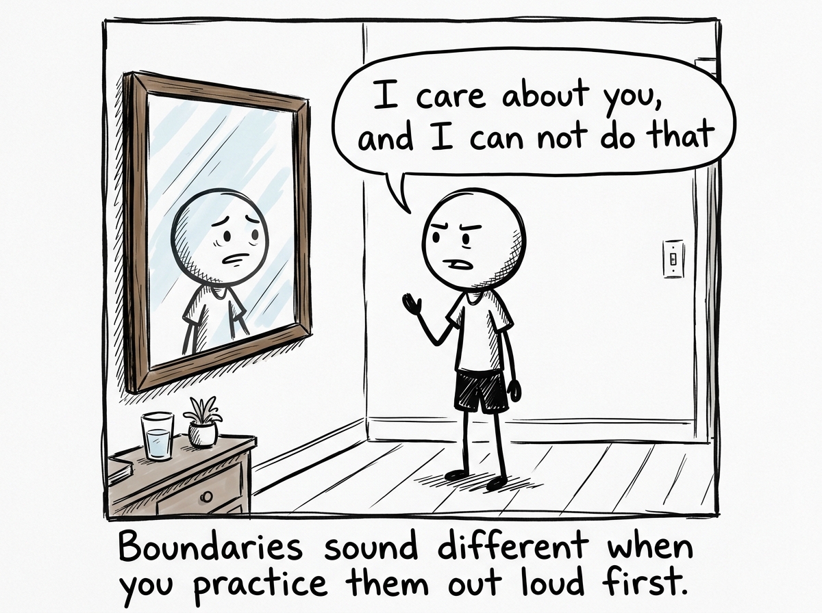 The stick figure practicing in the mirror, saying 'I care about you, and I can not do that' with a nervous but steady expression