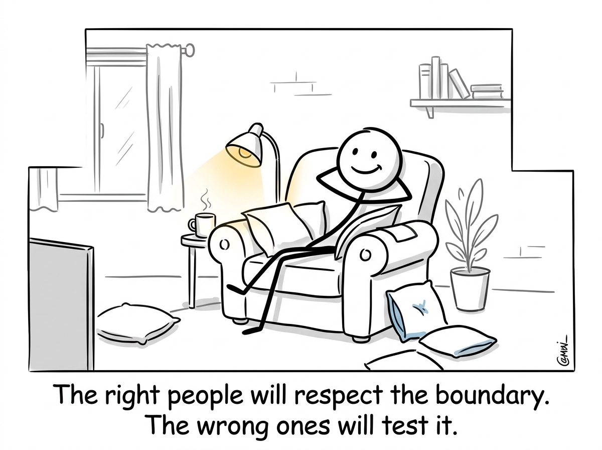 The stick figure relaxed at home with energy to spare, having protected their time, with a small satisfied smile
