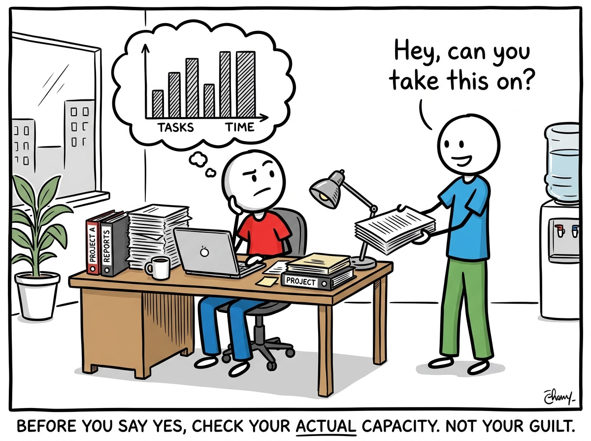 A stick figure at their desk, a coworker approaching with another task, the figure pausing to check their own workload before answering