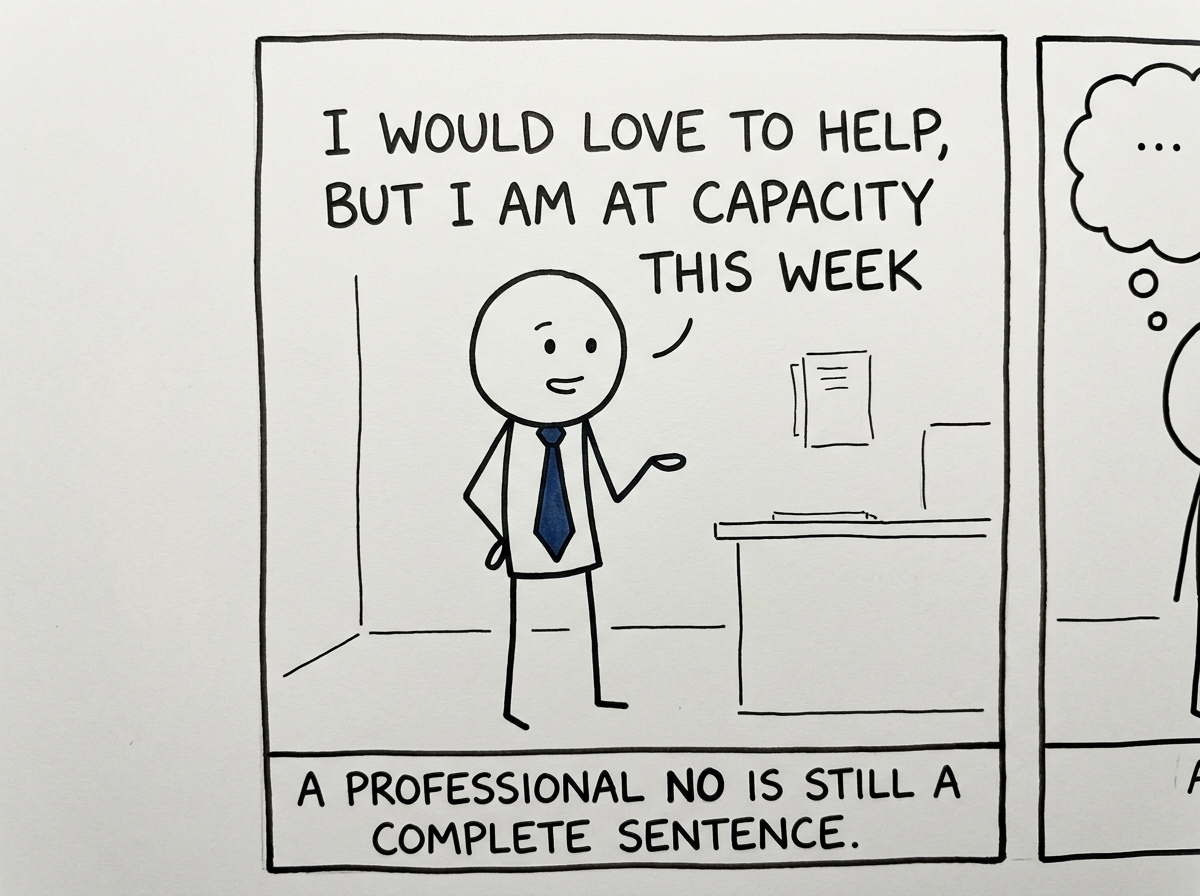 The figure saying 'I would love to help, but I am at capacity this week' with a calm, professional expression