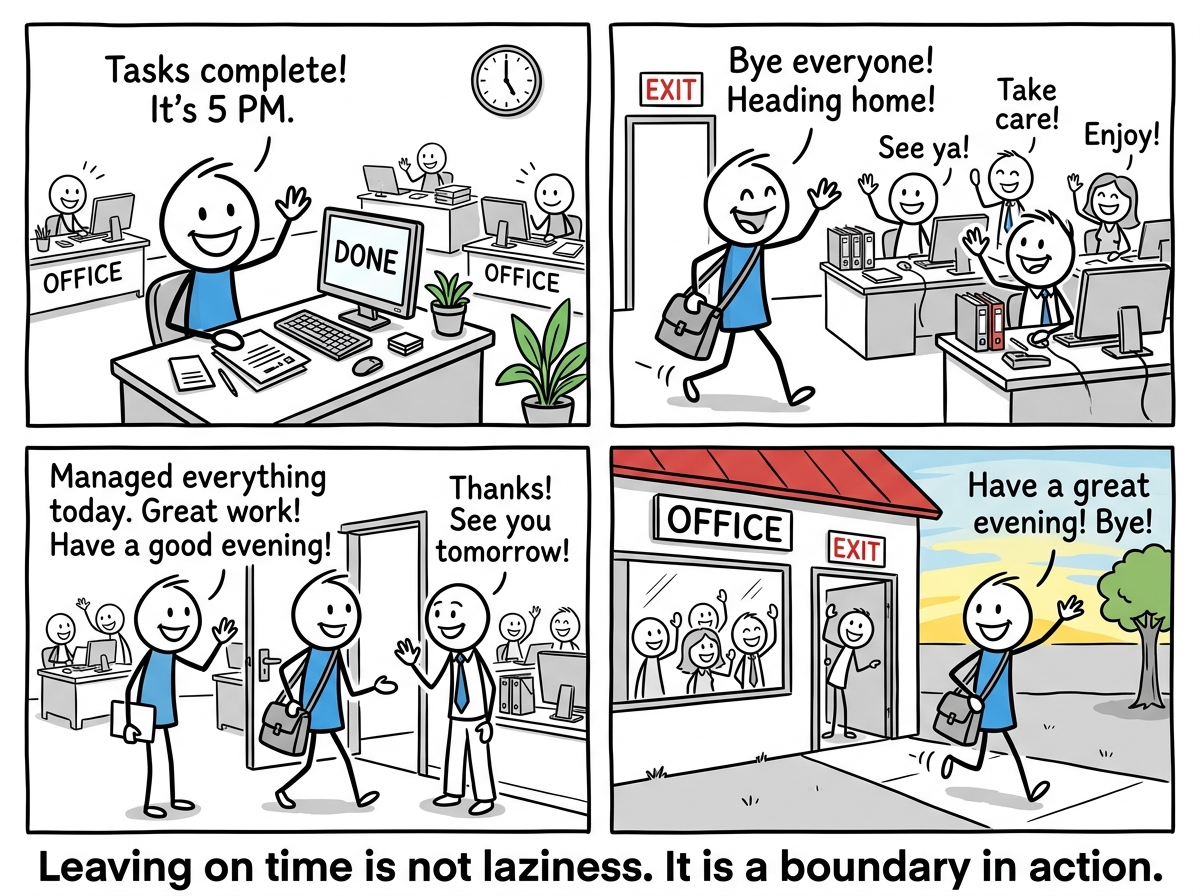 The figure leaving work at a reasonable hour while their workload is manageable, waving goodbye to colleagues
