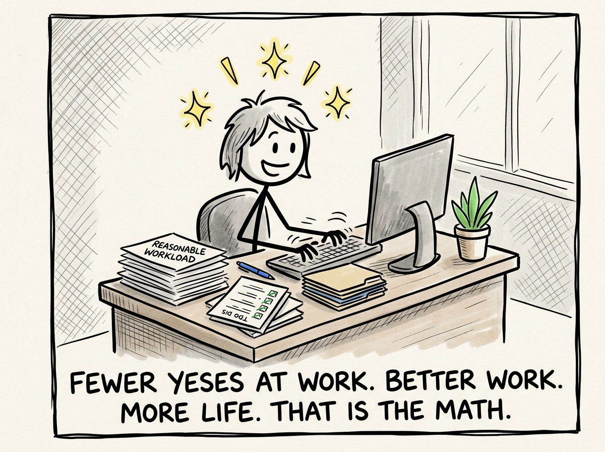 The figure at their desk the next day with a reasonable pile of work, doing it well, with energy to spare