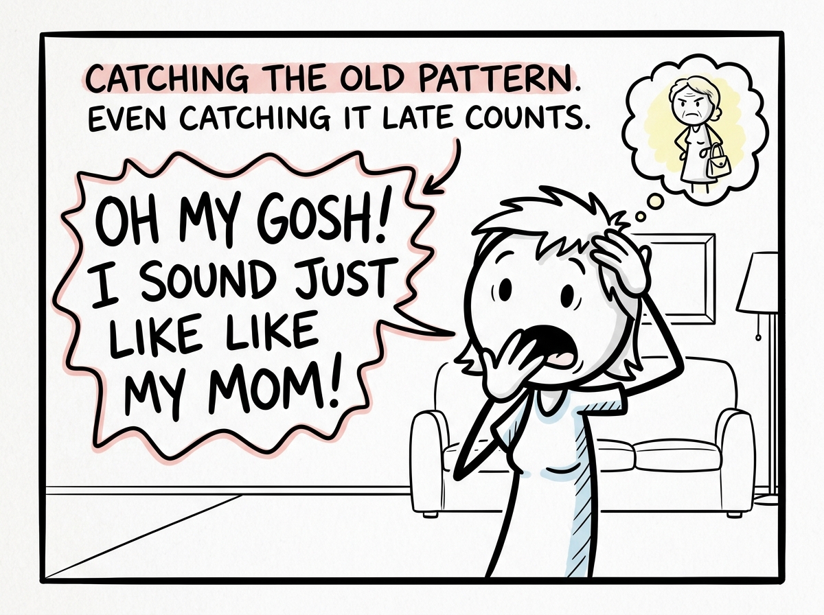 A stick figure parent mid-reaction, hearing their own parent's voice come out of their mouth, freezing with recognition