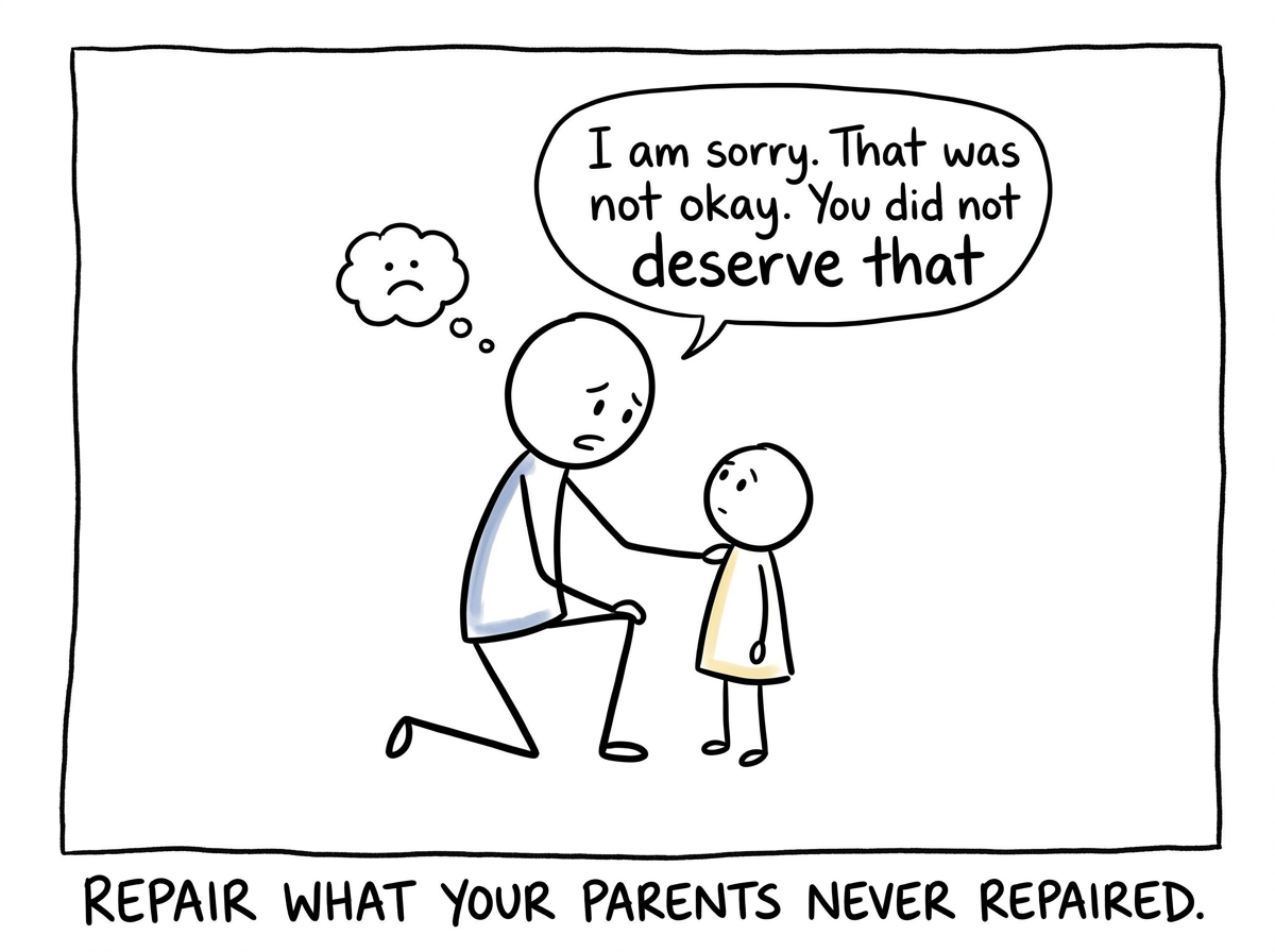 The parent kneeling beside their child saying 'I am sorry. That was not okay. You did not deserve that'