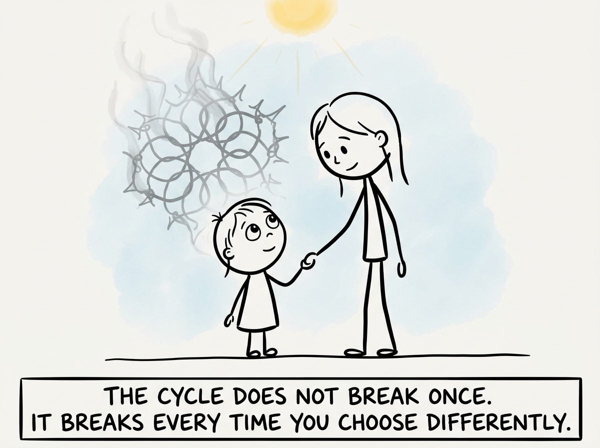 The child looking up at the parent with trust, a faint ghost of the old pattern fading behind them both