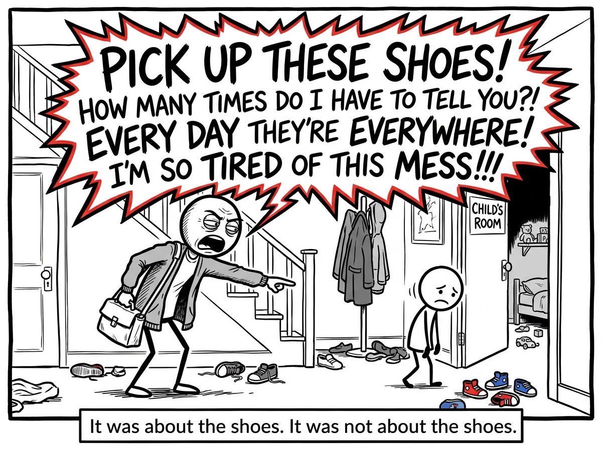 A parent at the end of a long day, snapping at their child over shoes left in the hallway. The yell is drawn as a giant jagged speech bubble that fills the room. The child's face falls and they retreat to their room
