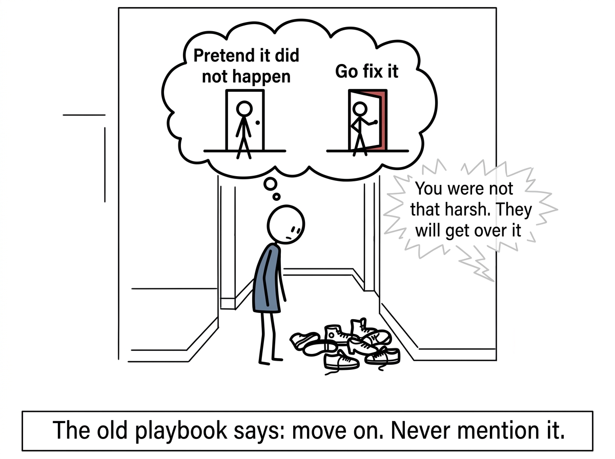 The parent standing alone in the hallway, staring at the shoes. A thought bubble shows two options: a door with 'Pretend it did not happen' written above it, and another door with 'Go fix it' written above it. Their own parent's voice whispers 'You were not that harsh. They will get over it'
