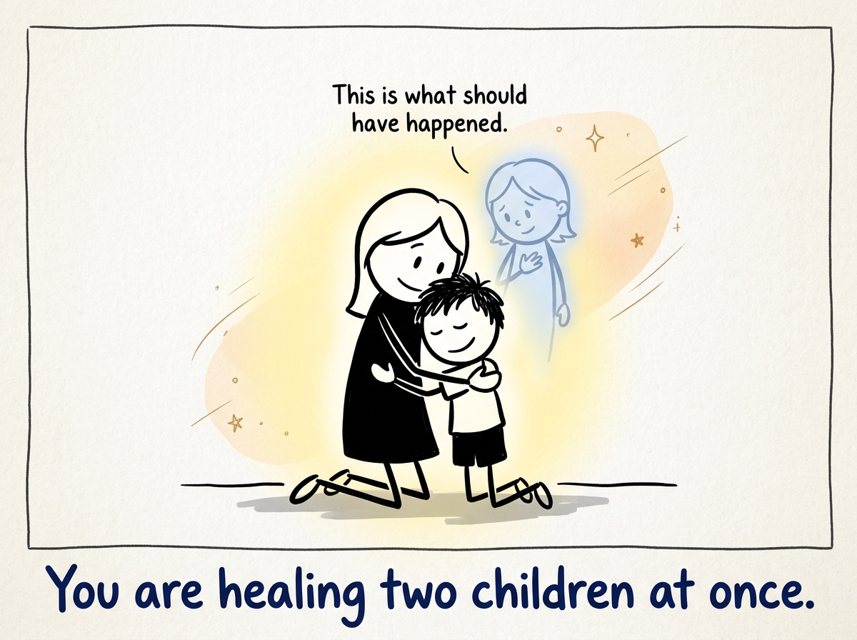 The child hugging the parent. Behind them, a translucent image of the parent as a small child watches the scene, hand over their heart. A gentle glow surrounds the moment. Small text reads 'This is what should have happened'