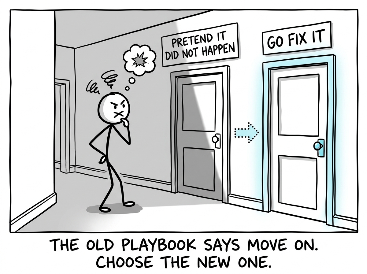 A stick figure parent standing in the hallway after losing their temper, choosing the 'Go fix it' door instead of the 'Pretend it did not happen' door