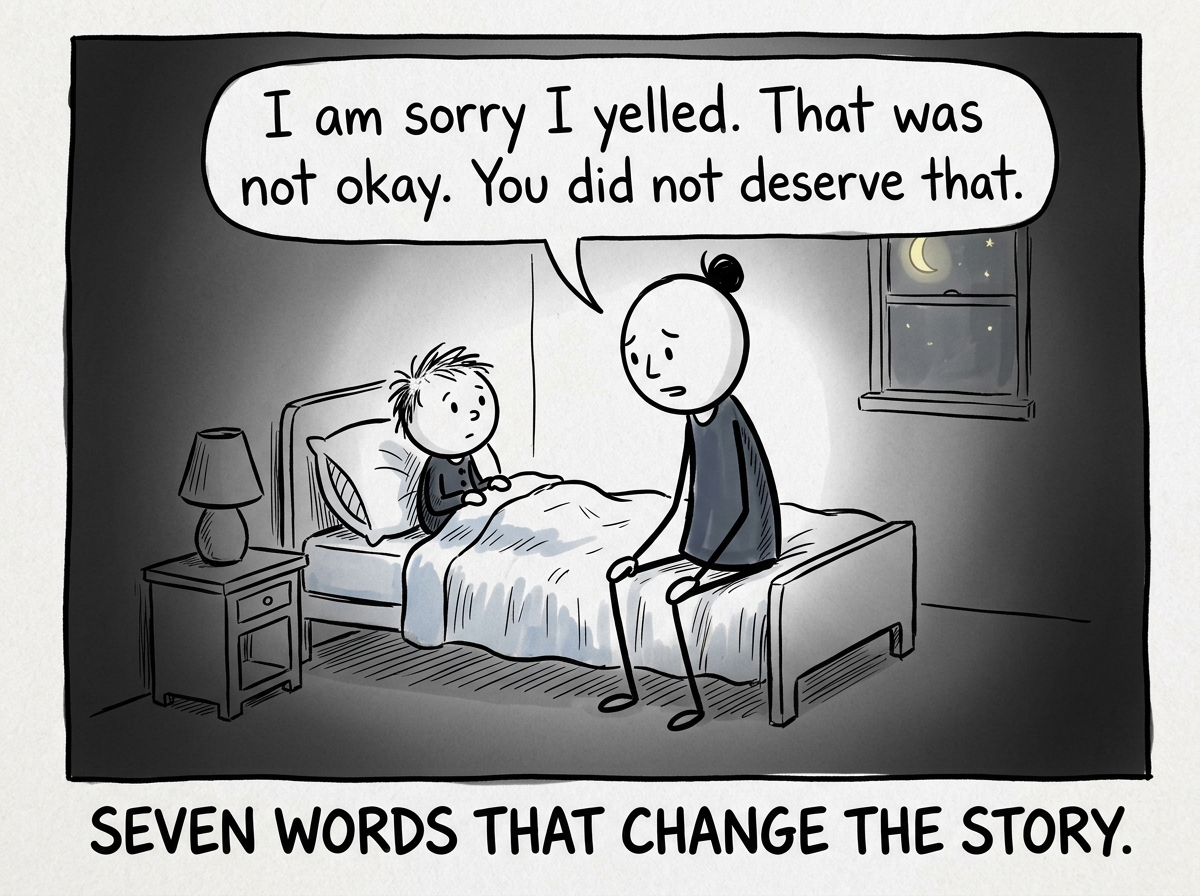 The parent sitting on the edge of the child's bed, saying 'I am sorry I yelled. That was not okay. You did not deserve that'
