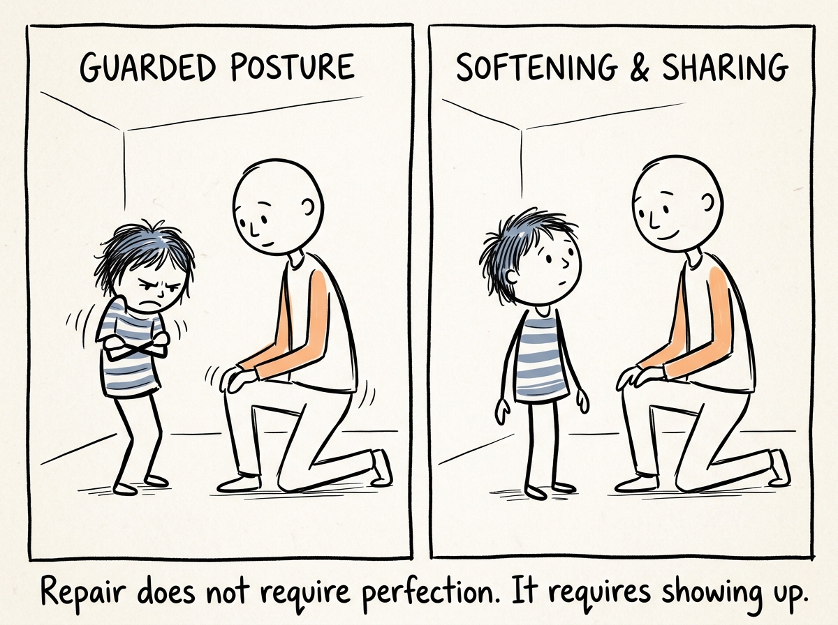 The child's guarded posture softening as the parent stays present, not defensive, just honest
