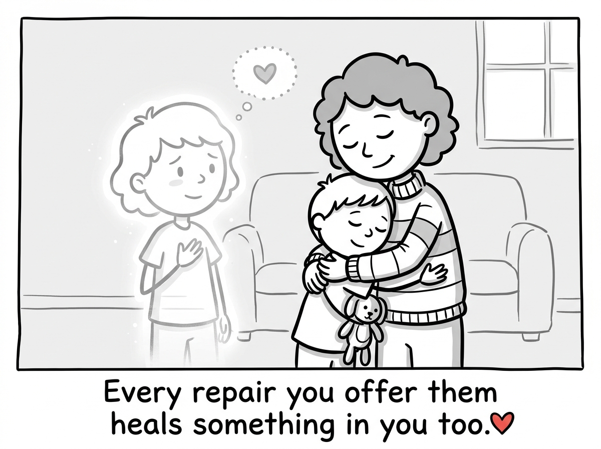 The parent and child hugging, while a translucent younger version of the parent watches, hand on heart, finally witnessing what should have happened