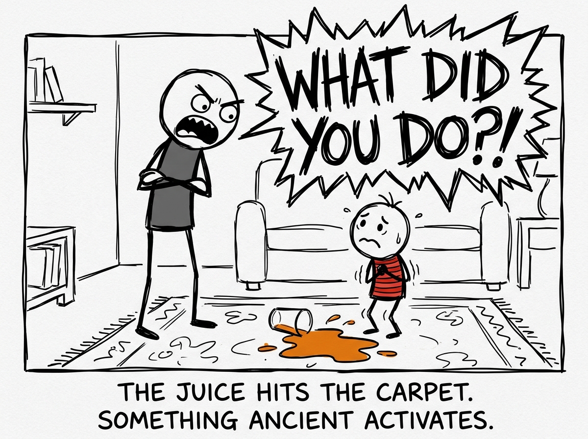 A child standing in front of a spilled glass of juice on the carpet, looking up nervously at their parent. The parent's mouth opens and a speech bubble begins to form in sharp, jagged letters