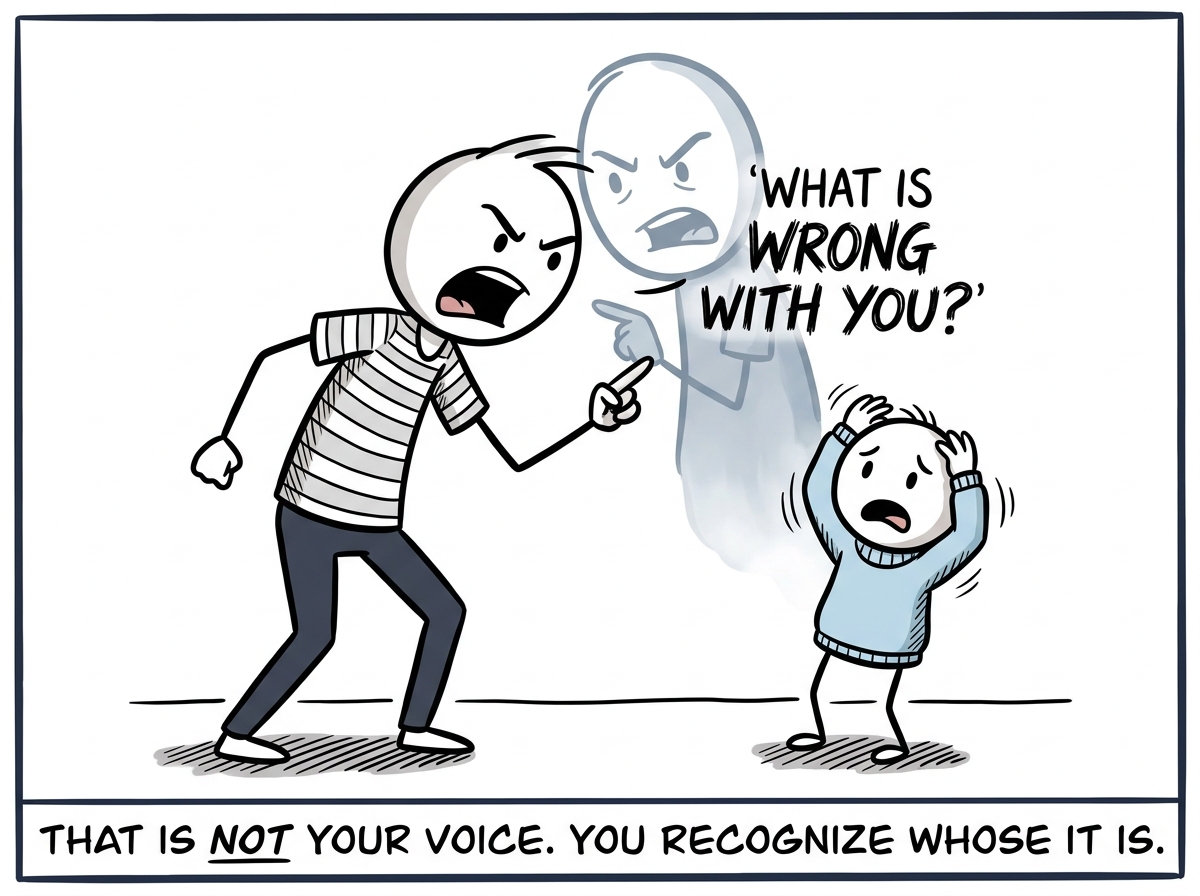 The parent yelling, but their face is overlaid with a ghostly transparent image of their own parent from childhood — same posture, same pointing finger, same expression. The words 'WHAT IS WRONG WITH YOU' float between both faces. The child flinches