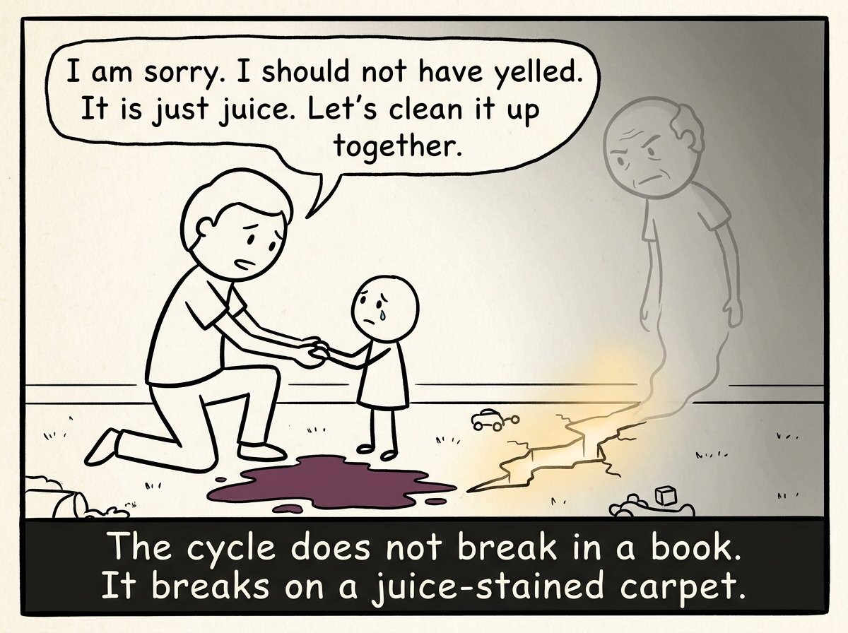 The parent kneeling on the floor next to the child and the juice spill, holding the child's hands. 'I am sorry. I should not have yelled. It is just juice. Let's clean it up together.' The ghost of the old parent fades into the background. The child's face softens. A small crack of light glows where the cycle broke