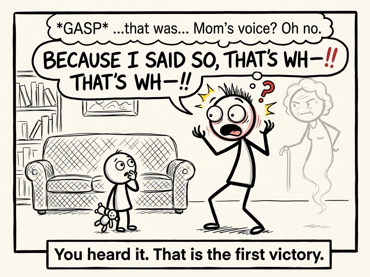 A stick figure parent hearing their own parent's voice come out of their mouth mid-yell and freezing, eyes wide with recognition