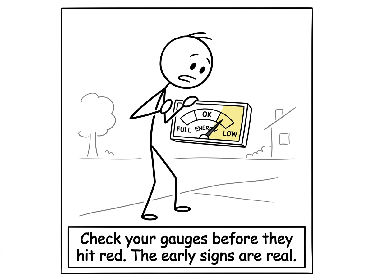 A stick figure pausing to actually look at their internal dashboard, noticing the energy gauge dipping into yellow for the first time.