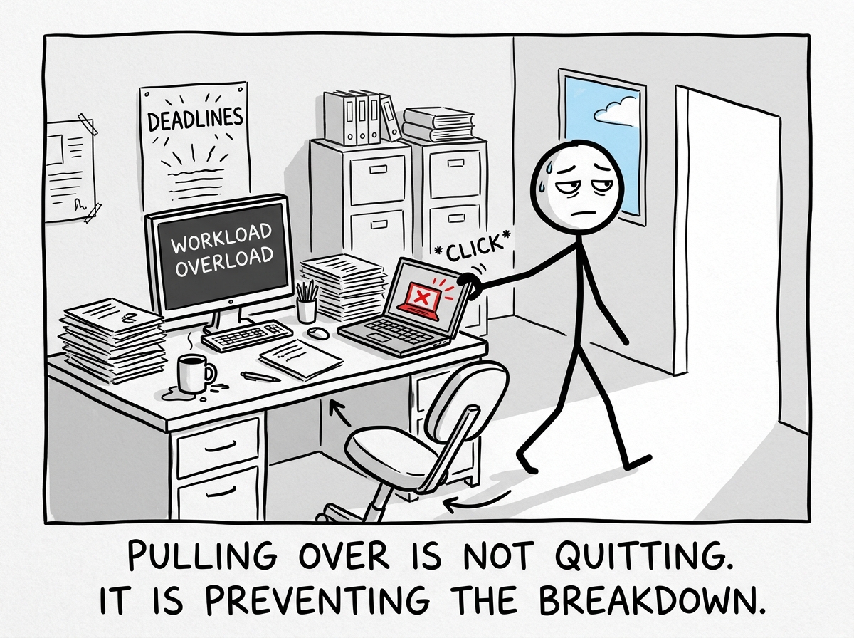 A stick figure stepping away from a desk mid-task, closing a laptop, choosing to stop before the crash.