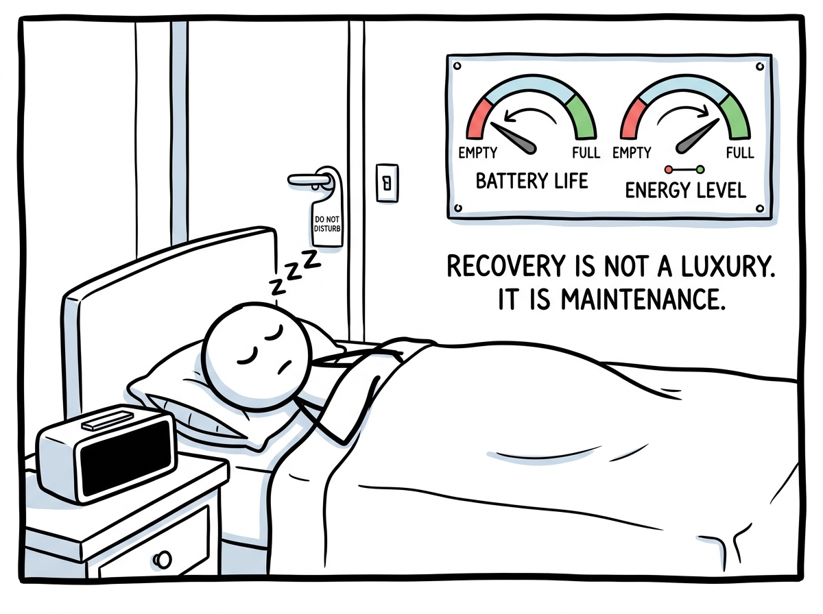 A stick figure sleeping in, screen off, a 'Do Not Disturb' sign on the door, gauges slowly moving back toward green.