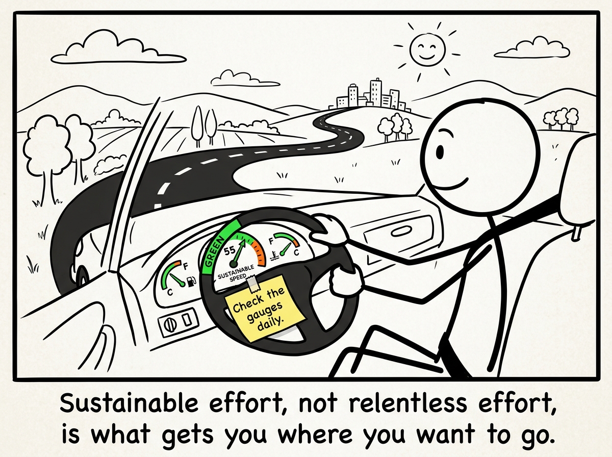 A stick figure driving again but at a sustainable speed, dashboard in the green, a sticky note on the wheel reading 'Check the gauges daily.'