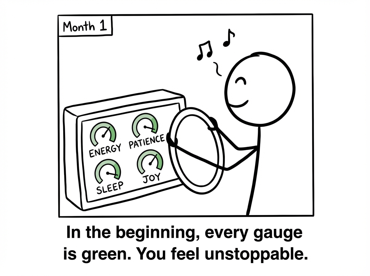 A stick figure sitting behind a steering wheel with an internal dashboard showing gauges for Energy, Patience, Sleep, and Joy -- all comfortably in the green zone. The figure looks relaxed and is humming. A small label reads 'Month 1'