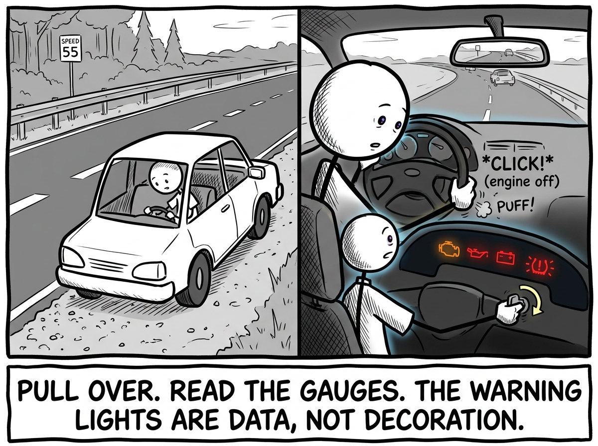 A stick figure pulling over to the side of the road, turning off the engine, and actually looking at the dashboard for the first time in months.